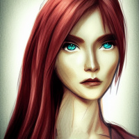 Девушка с красными волосами и голубыми глазами смотрит вперед