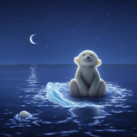 Маленький белый медвежонок плывет на льдине