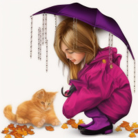 Животные Люди Рыжие Коты Дети Девочки Фиолетовые Осень Зонты 