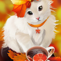 Коты Домашние животные Белые Ошейники Осень Чашки 