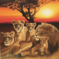 Животные Дикие животные Семья Львы Деревья Солнце 