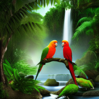Птицы Семья Пара Природа Попугаи Деревья Водопады 