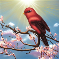 Птицы Цветы Небо Красные Ветки Лучи 