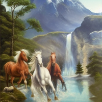 Дикие животные Лошади Деревья Горы Водопады 