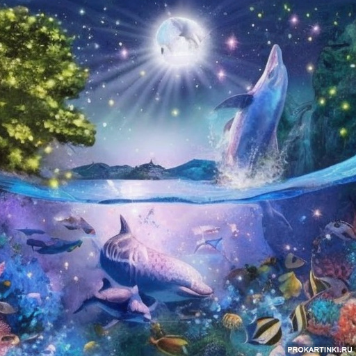 Небо Вода Рыбы Луна Подводный мир Дельфины 