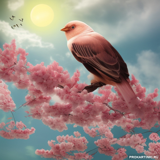 Птицы Цветы Небо Солнце Розовые Ветки 